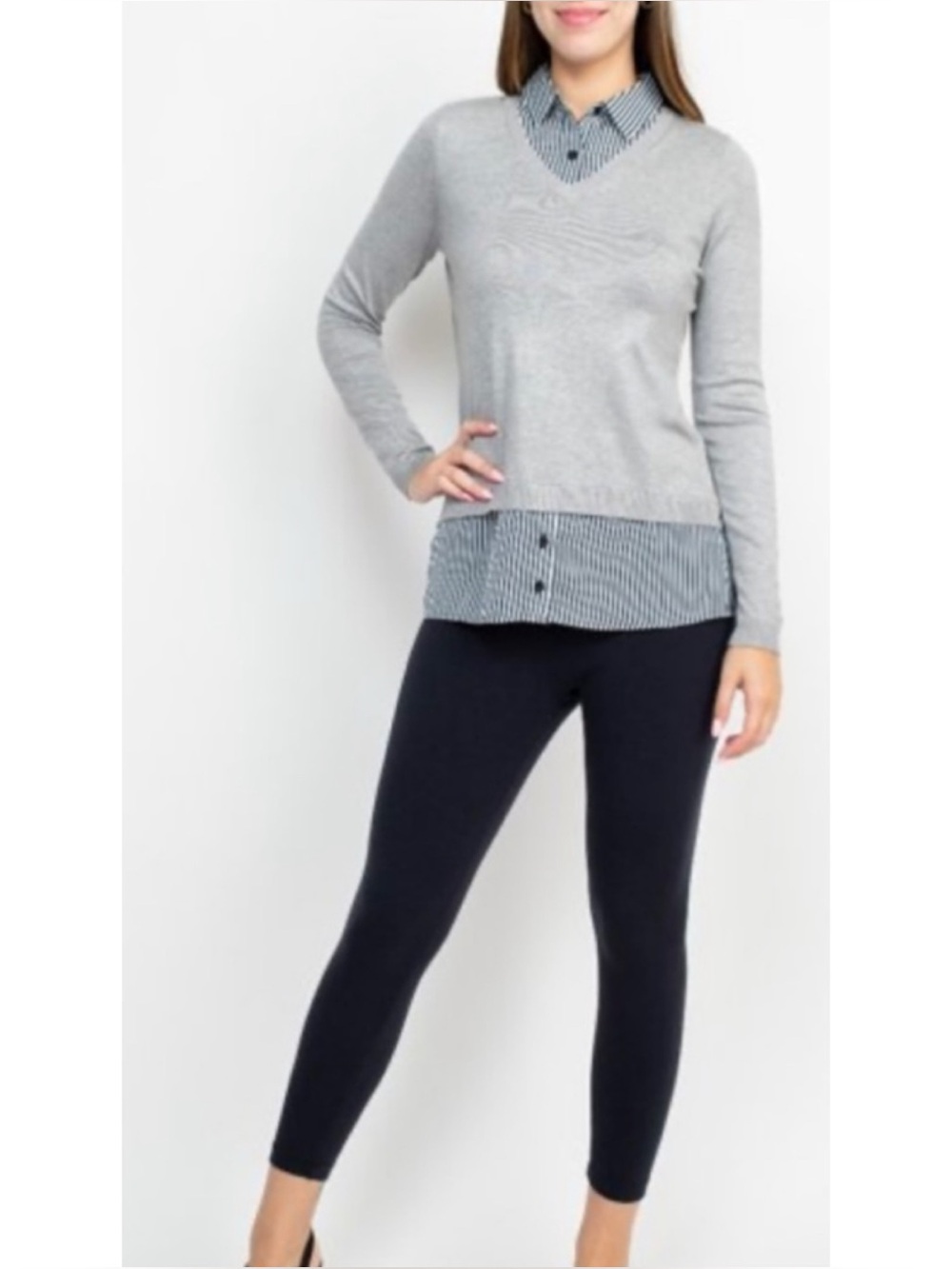 Adrianna Papell Mixed Media Twofer V-Neck Sweater Button Down Academia